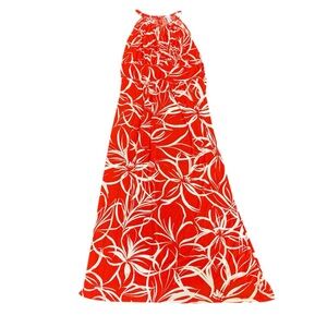 London Times Orange White Floral Halter Maxi Dress Womens 14 Summer Resort Party